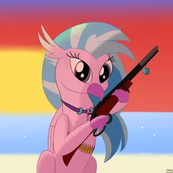 Size: 2000x2000 | Tagged: artist:tazool, beach, bullet, derpibooru import, gun, hippogriff, keychain, lever action rifle, looking at you, no trigger discipline, ocean, rifle, safe, sand, silverstream, sitting, solo, stairs, straight face, sunset, that hippogriff sure does love stairs, water, weapon, wings
