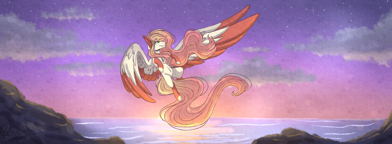 Size: 3330x1227 | Tagged: safe, artist:shadow-nights, derpibooru import, oc, unofficial characters only, pegasus, pony, chest fluff, female, flying, long mane, long tail, mare, ocean, signature, solo, starry sky, sunset