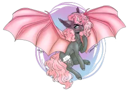 Size: 2900x2068 | Tagged: safe, artist:shadow-nights, artist:sweeterie, derpibooru import, oc, oc:bubblegum, unofficial characters only, bat pony, bat wings, chest fluff, collaboration, cute, cute little fangs, ear fluff, eye clipping through hair, fangs, hair over one eye, signature, solo, wings