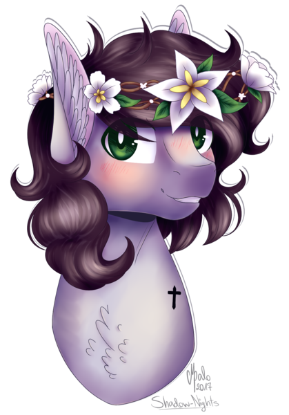 Size: 1109x1587 | Tagged: safe, artist:shadow-nights, derpibooru import, oc, oc:garfunkel plum lilly, unofficial characters only, pegasus, pony, blushing, bust, chest fluff, cross, ear fluff, eye clipping through hair, female, floral head wreath, flower, flower in hair, looking at you, mare, portrait, signature, simple background, solo, transparent background