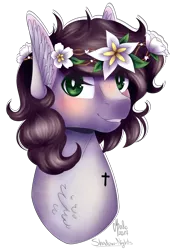 Size: 1109x1587 | Tagged: safe, artist:shadow-nights, derpibooru import, oc, oc:garfunkel plum lilly, unofficial characters only, pegasus, pony, blushing, bust, chest fluff, cross, ear fluff, eye clipping through hair, female, floral head wreath, flower, flower in hair, looking at you, mare, portrait, signature, simple background, solo, transparent background