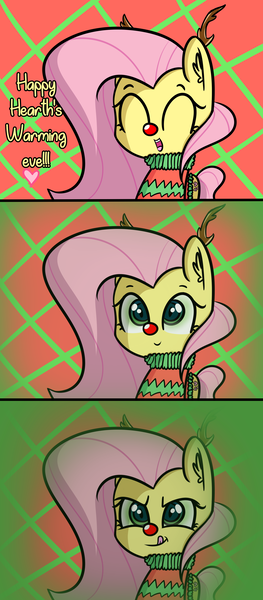 Size: 1964x4475 | Tagged: safe, artist:artiks, derpibooru import, fluttershy, changeling, animal costume, antlers, changeling feeding, christmas, christmas changeling, clothes, comic, costume, dialogue, disguise, disguised changeling, fake fluttershy, female, holiday, kitchen eyes, licking, licking lips, mare, red nose, reindeer antlers, reindeer costume, solo, this will end in death, this will end in tears, this will end in tears and/or death, tongue out