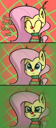 Size: 1964x4475 | Tagged: safe, artist:artiks, derpibooru import, fluttershy, changeling, animal costume, antlers, changeling feeding, christmas, christmas changeling, clothes, comic, costume, dialogue, disguise, disguised changeling, fake fluttershy, female, holiday, kitchen eyes, licking, licking lips, mare, red nose, reindeer antlers, reindeer costume, solo, this will end in death, this will end in tears, this will end in tears and/or death, tongue out