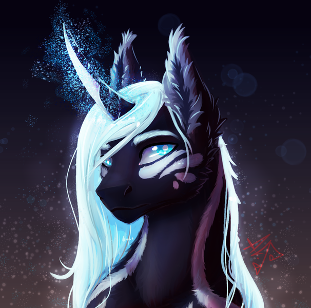 Size: 1209x1197 | Tagged: safe, artist:alina-sherl, derpibooru import, oc, unofficial characters only, pony, unicorn, ambiguous gender, beautiful, body markings, colored pupils, curved horn, ear fluff, eyebrows, fluffy, glowing horn, horn, magic, majestic, solo, stripes