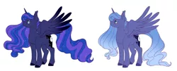 Size: 5828x2349 | Tagged: safe, artist:peachplumeria, derpibooru import, princess luna, pony, alternate design, alternate hairstyle, cloven hooves, colored wings, colored wingtips, description is relevant, ethereal mane, female, flowing mane, headcanon, mare, missing accessory, s1 luna, simple background, solo, sparkles, starry mane, white background, wings