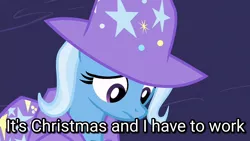 Size: 1280x720 | Tagged: cape, caption, christmas, clothes, derpibooru import, edit, edited screencap, hat, holiday, image macro, looking down, magic duel, meme, sad, safe, screencap, text, trixie, trixie's cape, trixie's hat, trixie yells at everything