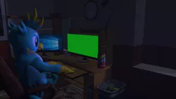 Size: 1280x720 | Tagged: safe, artist:philly cheesesteak, derpibooru import, gallus, gryphon, 3d, computer, desk, green screen, night, sprite cranberry