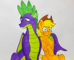 Size: 987x810 | Tagged: applejack, applespike, artist:bellbell123, blushing, derpibooru import, dragon, female, hug, male, older, older spike, safe, shipping, shrunken pupils, spike, straight, :t, traditional art, winged spike, winghug