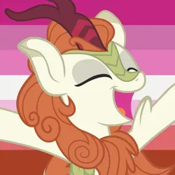 Size: 500x500 | Tagged: autumn blaze, colored outlines, colorful, derpibooru import, female, happy, headcanon, kirin, lesbian, lgbt, lgbt headcanon, pride, pride background, pride flag, safe, sexuality headcanon, sounds of silence