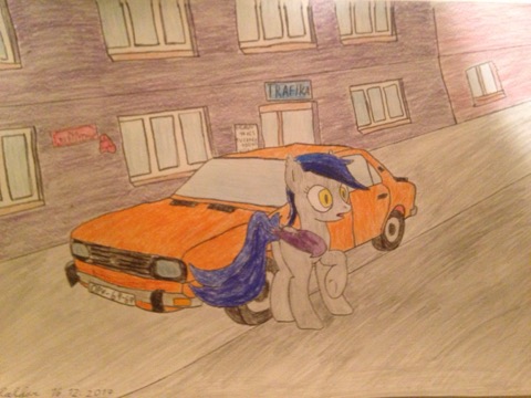 Size: 480x360 | Tagged: safe, artist:rainbowšpekgs, derpibooru import, oc, oc:echo, unofficial characters only, bat pony, 80s, car, city, cold, communism, czechoslovakia, depressive, drawing, eastern bloc, female, gray, mare, raised hoof, skoda, škoda, skoda 120