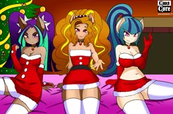 Size: 5600x3700 | Tagged: suggestive, artist:caoscore, derpibooru import, adagio dazzle, aria blaze, sonata dusk, human, equestria girls, rainbow rocks, bare shoulders, belly button, breasts, christmas, christmas tree, cleavage, clothes, delicious flat chest, eared humanization, female, flatdagio dazzle, holiday, humanized, looking at you, midriff, skirt, sleeveless, smiling, strapless, the dazzlings, tree