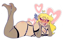 Size: 3338x2045 | Tagged: artist:cubbybatdoodles, bedroom eyes, blushing, breasts, busty derpy hooves, derpibooru import, derpy hooves, ditzy doo, fishnets, human, humanized, one eye closed, simple background, smiling, suggestive, the ass was fat, transparent background, unmoving plaid, wing ears