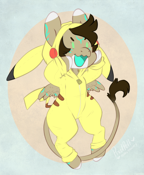 Size: 779x948 | Tagged: safe, artist:pixelpelt, derpibooru import, oc, oc:rune, unofficial characters only, pegasus, pikachu, pony, age regression, bipedal, brown mane, cheeks, child, clothes, costume, ears, female, kigurumi, mare, playful, pokémon, rawr