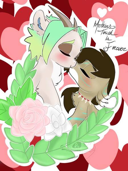 Size: 768x1024 | Tagged: safe, artist:dorkvader69, derpibooru import, oc, oc:rune, hybrid, pony, blushing, eyes closed, female, happy, heart, horns, love, mother and child, mother and daughter, nuzzling