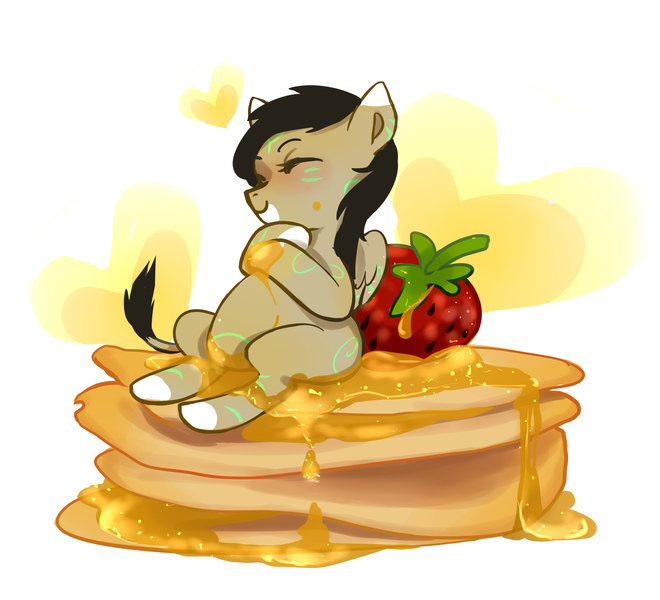 Size: 2289x2082 | Tagged: safe, artist:raranfa, derpibooru import, oc, oc:rune, pegasus, pony, belly, butter, eyes closed, female, filly, food, food coma, happy, mare, micro, pancakes, ponies in food, solo, strawberry, stuffed, syrup