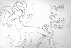 Size: 2791x1899 | Tagged: safe, artist:erenerakhard, derpibooru import, gallus, smolder, dragon, gryphon, kicking, meme, monochrome, the eric andre show, this will end in pain, traditional art, we'll be right back