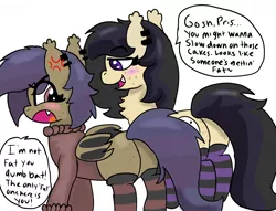 Size: 1046x798 | Tagged: safe, artist:darkwolfhybrid, derpibooru import, oc, oc:darkius wolficus, oc:prisma, unofficial characters only, bat pony, angry, bat pony oc, bat wings, blushing, butt, butt freckles, chest fluff, clothes, dialogue, ear fluff, ear piercing, embarrassed, freckles, piercing, plot, rear view, socks, striped socks, sweater, teasing, walking, wings