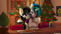 Size: 3840x2160 | Tagged: safe, artist:ciderpunk, derpibooru import, octavia melody, vinyl scratch, christmas, christmas lights, christmas tree, clothes, cookie, female, fireplace, food, holiday, lesbian, milk, night, scarf, scratchtavia, shipping, tree