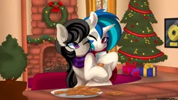 Size: 3840x2160 | Tagged: safe, artist:ciderpunk, derpibooru import, octavia melody, vinyl scratch, christmas, christmas lights, christmas tree, clothes, cookie, day, female, fireplace, food, holiday, lesbian, milk, scarf, scratchtavia, shipping, tree