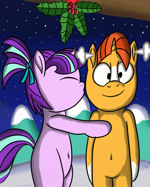 Size: 2400x3000 | Tagged: safe, artist:saburodaimando, derpibooru import, starlight glimmer, sunburst, belly button, bipedal, colt, colt sunburst, ear steam, female, filly, filly starlight glimmer, hearth's warming eve, holly, holly mistaken for mistletoe, kissing, male, shipping, snow, starburst, steam, straight, winter, younger