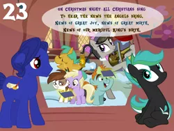 Size: 1024x768 | Tagged: safe, artist:bronybyexception, derpibooru import, dinky hooves, octavia melody, pipsqueak, snails, snips, oc, oc:cobalt quill, oc:mountain sound, earth pony, pony, unicorn, advent calendar, book, christmas, dinkysqueak, female, floppy ears, holiday, lamp, magic, male, musical instrument, shipping, singing, straight, sussex carol, telekinesis, violin