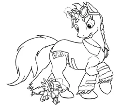 Size: 1364x1234 | Tagged: safe, artist:theandymac, derpibooru import, oc, oc:der, oc:floofy, unofficial characters only, gryphon, pony, unicorn, clothes, coat, construction, duo, goggles, magic, male, micro, monochrome, simple background, tongue out