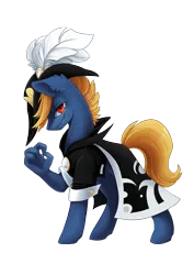 Size: 3508x4961 | Tagged: safe, artist:arctic-fox, derpibooru import, oc, oc:moonsaber, unofficial characters only, pony, 2019 community collab, derpibooru community collaboration, dragon arm, feather, hat, male, outfit, red eyes, simple background, solo, stallion, transparent background