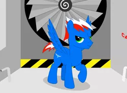 Size: 2000x1467 | Tagged: safe, artist:rd4590, derpibooru import, oc, oc:vortex clipper, pegasus, pony, caution tape, spread wings, turbine, vector, wind tunnel, wings