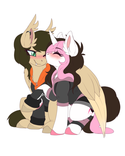 Size: 4000x5000 | Tagged: safe, artist:red_moonwolf, derpibooru import, oc, oc:eclipsed moonwolf, oc:orange lightning, unofficial characters only, pegasus, pony, unicorn, 2019 community collab, derpibooru community collaboration, clothes, female, kissing, lesbian, nose kiss, shorts, simple background, transparent background