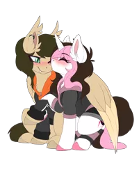 Size: 4000x5000 | Tagged: safe, artist:red_moonwolf, derpibooru import, oc, oc:eclipsed moonwolf, oc:orange lightning, unofficial characters only, pegasus, pony, unicorn, 2019 community collab, derpibooru community collaboration, clothes, female, kissing, lesbian, nose kiss, shorts, simple background, transparent background
