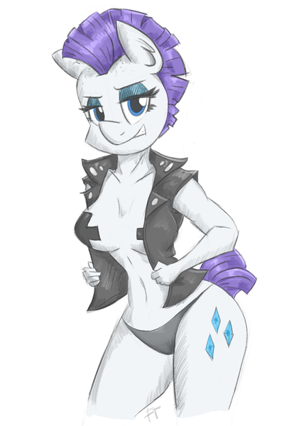 Size: 900x1305 | Tagged: alternate hairstyle, anthro, artist:flutterthrash, black underwear, breasts, busty rarity, clothes, derpibooru import, female, missing horn, mohawk, nipple tape, pasties, punk, raripunk, rarity, simple background, solo, solo female, suggestive, underwear, vest