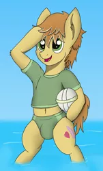 Size: 2268x3744 | Tagged: suggestive, artist:tacomytaco, derpibooru import, feather bangs, earth pony, pony, ball, beach, belly button, bipedal, clothes, crotch bulge, male, midriff, shirt, solo, solo male, speedo, swimsuit