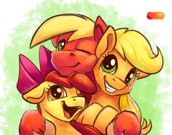 Size: 1280x1001 | Tagged: safe, artist:tsitra360, derpibooru import, apple bloom, applejack, big macintosh, earth pony, pony, apple siblings, apple sisters, bow, brother and sister, colored hooves, cute, female, filly, hair bow, hat, hatless, male, mare, missing accessory, moon, one eye closed, siblings, sisters, smiling, stallion, unshorn fetlocks