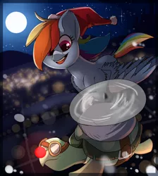Size: 1700x1900 | Tagged: safe, artist:passigcamel, derpibooru import, rainbow dash, tank, pegasus, pony, tortoise, aviator goggles, chest fluff, christmas, duo, female, flying, full moon, goggles, hat, holiday, male, mare, moon, night, propeller, red nose, santa hat, smiling, stars