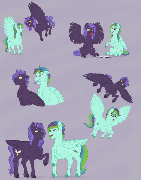 Size: 1600x2037 | Tagged: safe, artist:ganashiashaka, derpibooru import, oc, oc:feather dart, oc:lightning spark, unofficial characters only, pegasus, pony, colt, male, offspring, parent:clear skies, parent:rainbow dash, parent:thunderlane, parent:zephyr breeze, parents:clearlane, parents:zephdash, stallion