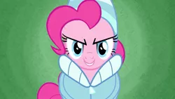 Size: 955x537 | Tagged: safe, derpibooru import, screencap, pinkie pie, earth pony, pony, best gift ever, hearth's warming shorts, triple pony dare ya, adorabolical, clothes, cute, diapinkes, evil grin, female, grin, looking at you, mare, smiling, smirk, solo