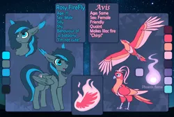 Size: 4000x2700 | Tagged: safe, artist:phenya, derpibooru import, oc, oc:avis, oc:rosy firefly, unofficial characters only, pegasus, phoenix, pony, reference sheet, reworked