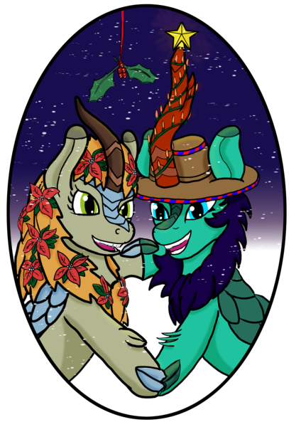 Size: 2480x3508 | Tagged: artist:lizardwithhat, blue eyes, blue mane, christmas, christmas lights, claws, couple, cowboy hat, cute, derpibooru import, female, flower, flower in hair, gradient background, green eyes, happy, hat, holding hands, holiday, holly, holly mistaken for mistletoe, horn, kirin, oc, oc:flower mane, oc:glimmershine, oc x oc, orange mane, safe, scales, shipping, snow, snowfall, sounds of silence