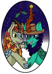 Size: 2480x3508 | Tagged: artist:lizardwithhat, blue eyes, blue mane, christmas, christmas lights, claws, couple, cowboy hat, cute, derpibooru import, female, flower, flower in hair, gradient background, green eyes, happy, hat, holding hands, holiday, holly, holly mistaken for mistletoe, horn, kirin, oc, oc:flower mane, oc:glimmershine, oc x oc, orange mane, safe, scales, shipping, snow, snowfall, sounds of silence