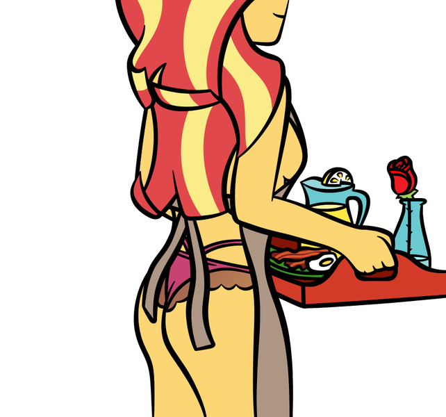 Size: 946x884 | Tagged: suggestive, artist:pony4koma, derpibooru import, sunset shimmer, equestria girls, apron, breakfast, breasts, clothes, faceless female, female, no bra underneath, offscreen character, panties, pink underwear, sideboob, underwear