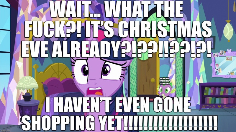 Size: 1280x720 | Tagged: alicorn, best gift ever, caption, christmas, christmas eve, christmas shopping, derpibooru import, edit, edited screencap, excessive exclamation marks, holiday, image macro, safe, screencap, spike, stressed, text, twilight sparkle, twilight sparkle (alicorn), twilynanas, vulgar