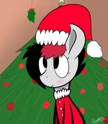 Size: 1040x1200 | Tagged: safe, artist:icywindthepony, derpibooru import, oc, oc:miss eri, pony, blushing, christmas, christmas tree, cute, holiday, holly, holly mistaken for mistletoe, solo, tree