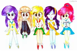 Size: 2323x1549 | Tagged: safe, artist:liaaqila, derpibooru import, applejack, autumn blaze, coloratura, rarity, strawberry sunrise, equestria girls, applejack gets all the mares, applerise, autumberry colorarijack, autumnjack, awwtumn blaze, barefoot, bedroom eyes, bracelet, choker, clothes, commission, cute, dress, ear piercing, earring, equestria girls-ified, eyes closed, eyeshadow, feather, feet, female, fetish, foot fetish, hairband, hand over mouth, jackabetes, jeans, jewelry, lesbian, makeup, open mouth, pants, piercing, polyamory, rara, rarabetes, rarajack, raribetes, rarijack, shipping, shirt, signature, simple background, skirt, strawwberry sunrise, t-shirt, tickle fetish, tickle torture, tickling, tongue out, traditional art, white background