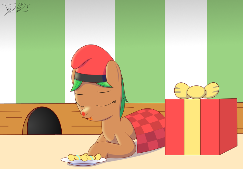 Size: 2000x1395 | Tagged: safe, artist:trackheadtherobopony, derpibooru import, oc, ponified, object pony, original species, pony, barretina, blanket, candy, christmas, food, holiday, present, signature, solo, spain, tio de nadal