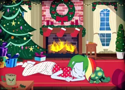 Size: 6095x4412 | Tagged: safe, artist:invisibleink, derpibooru import, rainbow dash, tank, equestria girls, absurd resolution, bow, chocolate, christmas, christmas eve, christmas lights, christmas presents, christmas stocking, christmas tree, clothes, curtains, feet, fireplace, food, gift wrapped, holiday, hot chocolate, pajamas, santa claus, sleeping, snow, stars, tree, wreath