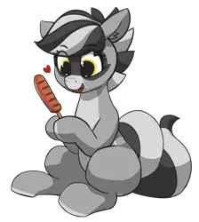 Size: 1198x1335 | Tagged: safe, artist:pabbley, derpibooru import, oc, oc:bandy cyoot, hybrid, pony, raccoon, raccoon pony, fangs, female, food, happy, heart, meat, open mouth, ponies eating meat, sausage, sitting