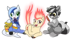 Size: 2580x1450 | Tagged: safe, artist:camo-pony, artist:mkogwheel, artist:pabbley, derpibooru import, oc, oc:bandy cyoot, oc:yule log, unofficial characters only, pony, ponyta, 2019 community collab, derpibooru community collaboration, mundane utility, pokémon, simple background, transparent background