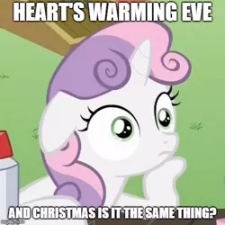 Size: 500x500 | Tagged: safe, derpibooru import, edit, edited screencap, screencap, sweetie belle, pony, unicorn, ponyville confidential, caption, exploitable meme, image macro, meme, misspelling, obligatory pony, questioning, sudden clarity sweetie belle, text