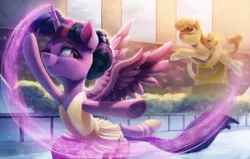 Size: 4000x2550 | Tagged: safe, artist:vanillaghosties, derpibooru import, twilight sparkle, twilight sparkle (alicorn), alicorn, pony, armpits, ballerina, clothes, female, ice skating, magic, mare, one eye closed, solo, spread wings, statue, tutu, twilarina, wings