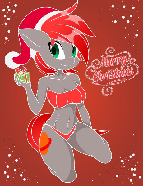 Size: 1226x1600 | Tagged: questionable, artist:up1ter, derpibooru import, oc, oc:up1ter, anthro, breasts, christmas, female, holiday, present, solo